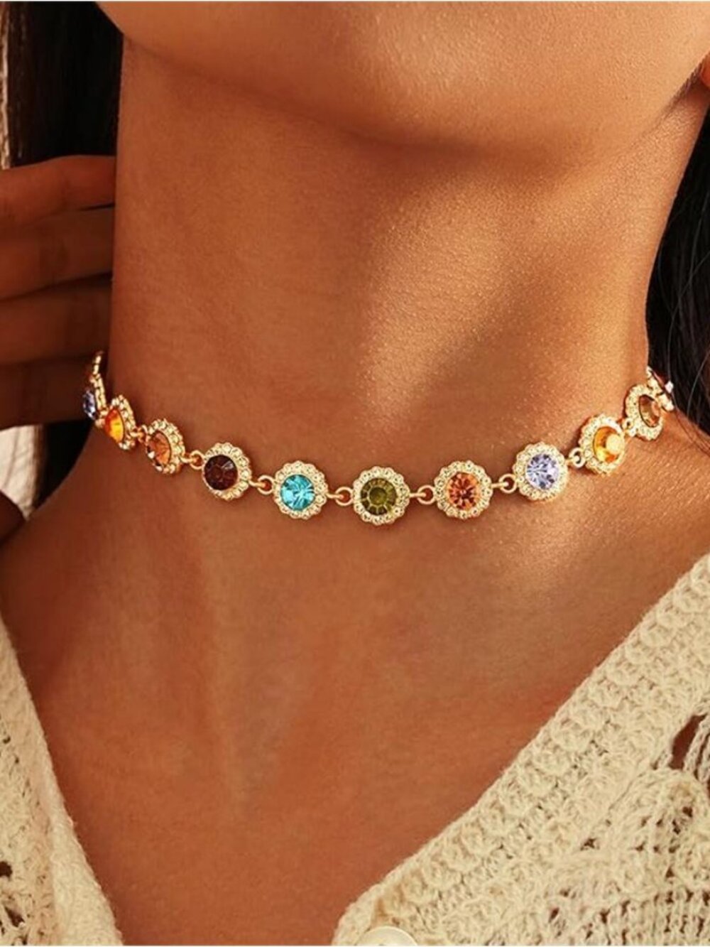 Colorful Rhinestone Choker Necklace Gold Tone Multicolor Crystal Statement